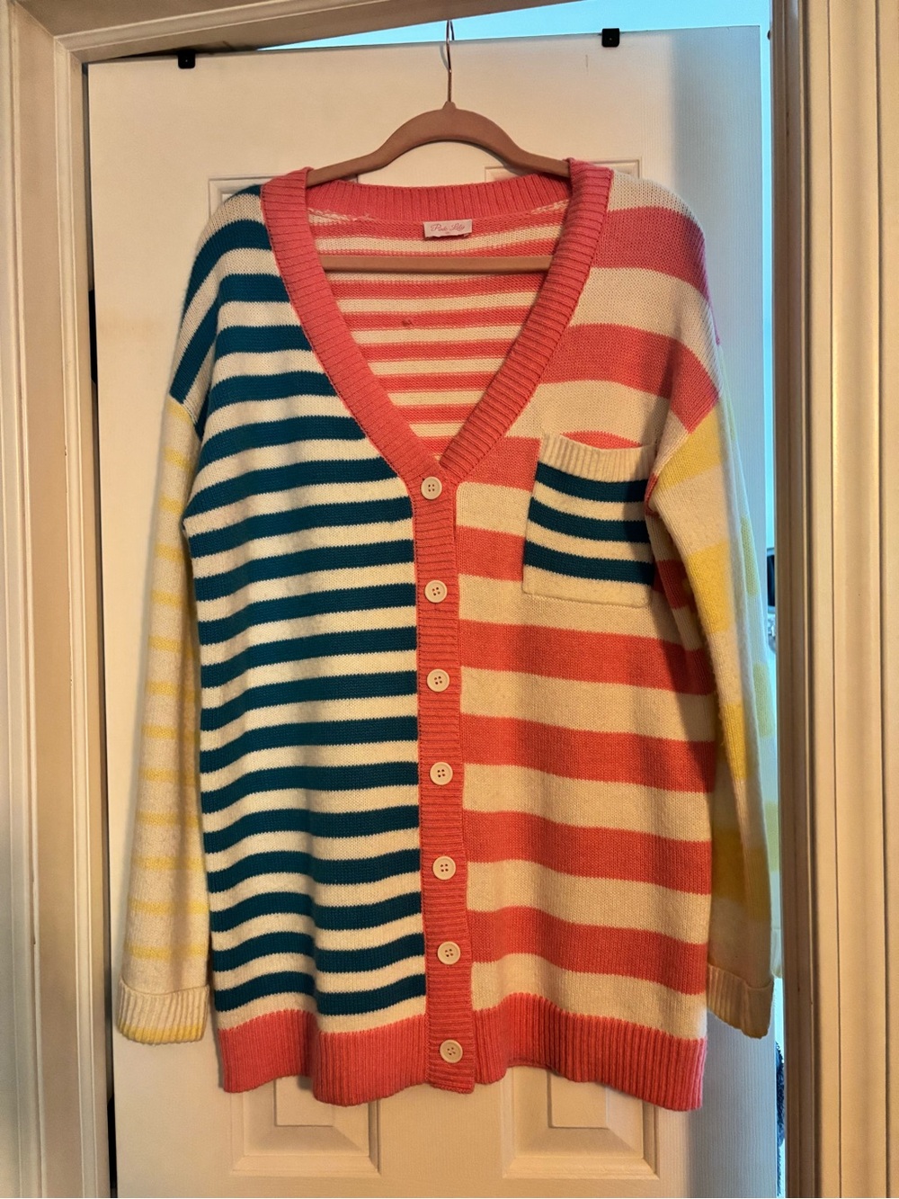 Pink Lily Coral, Teal, Cream & Yellow Striped V-Neck Button Cardigan